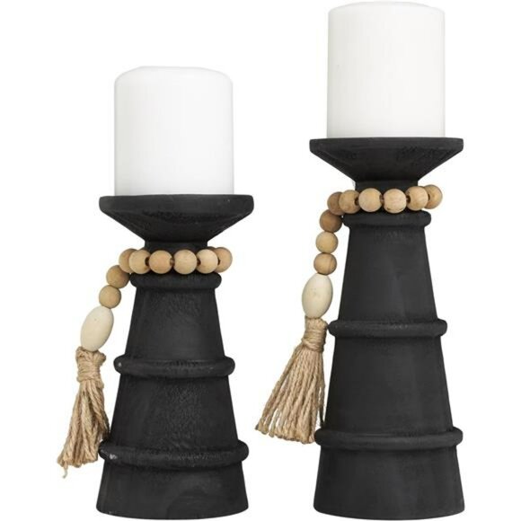 Black Wood Candle Holders Set of 2 Decorative Rustic Beaded Garland Home Decor - Picture 1 of 8